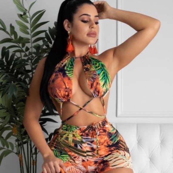 Women's Sexy Halter One Piece Swimsuit Briefs Botanical Tropical Palm Trees - Picture 2 of 7